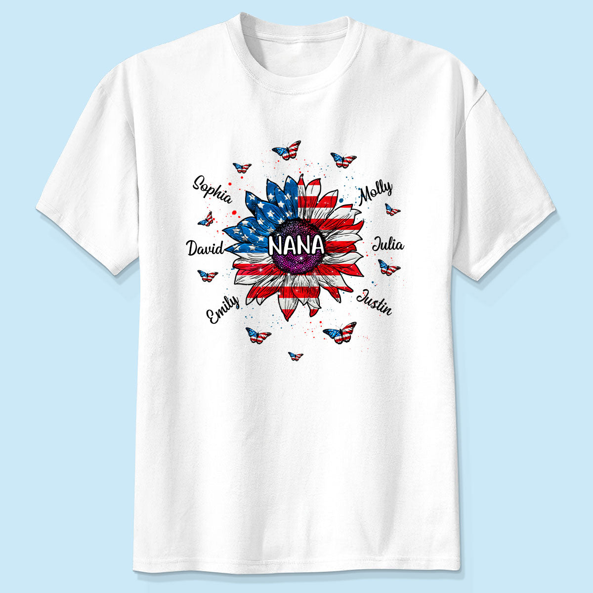 Mamie Avec Noms des Petits-Enfants Drapeau National Tournesol T-Shirt Personnalisé — Blanc