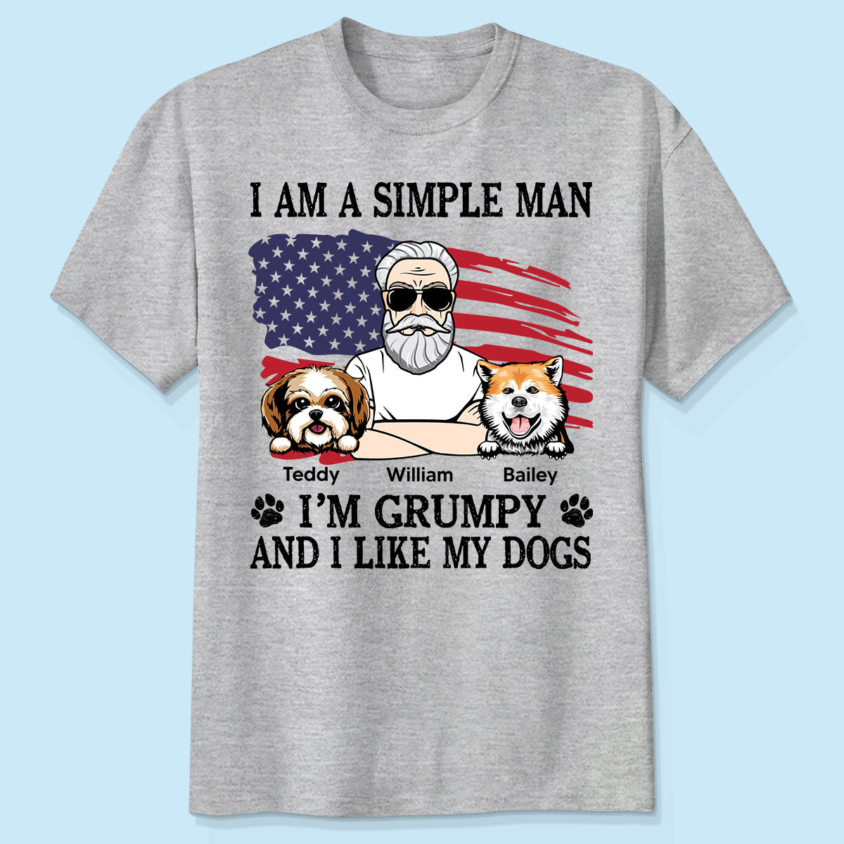 Homme Simple Grincheux Et Aime Mes Chiens Drapeau National T-shirt Personnalisé, Cadeau Parfait Pour Les Amoureux Des Chiens — Gris Sport
