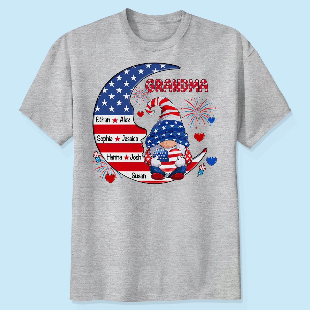 T-shirt personnalisé Gnome américain Mamie Maman assise sur la lune — Gris sport