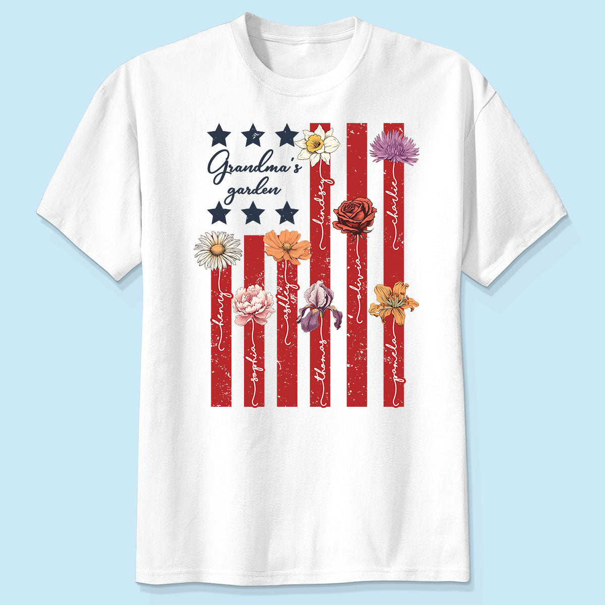 Jardin de Mamie 4 Juillet Drapeau Américain T-Shirt Personnalisé, Fleur du Mois de Naissance, Cadeau Pour Mamie — Blanc