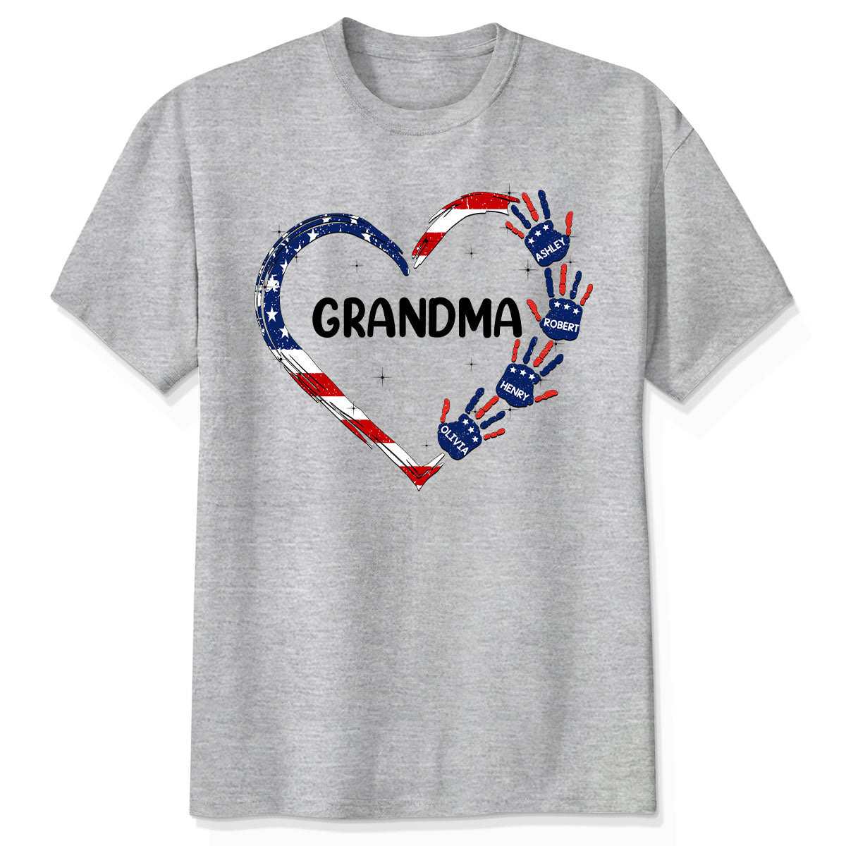 T-shirt personnalisé Mamie Maman Cœur Empreintes de mains 4 Juillet Jour de l'Indépendance — Sport Grey