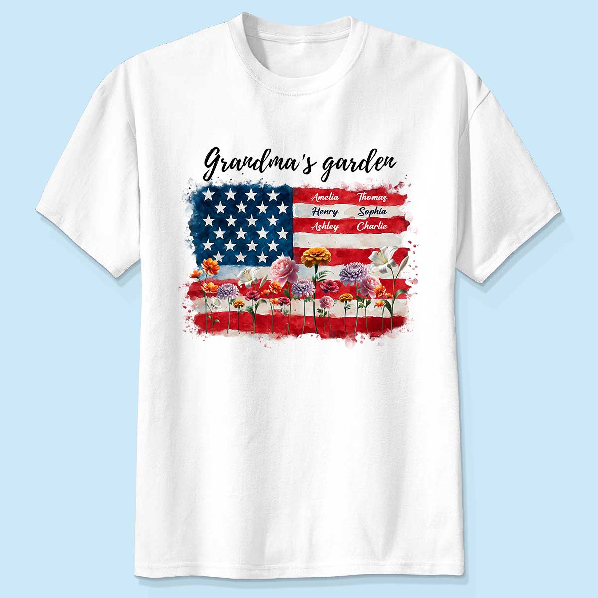 T-shirt Personnalisé Drapeau National Floral Jardin de Grand-mère 4 Juillet — Blanc