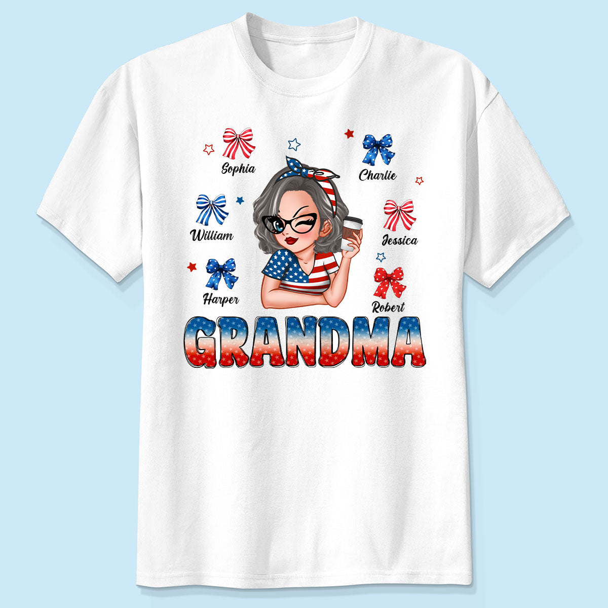 4 Juillet Nœuds Coquette Grand-mère Avec Noms Des Petits-enfants T-shirt Personnalisé — Blanc