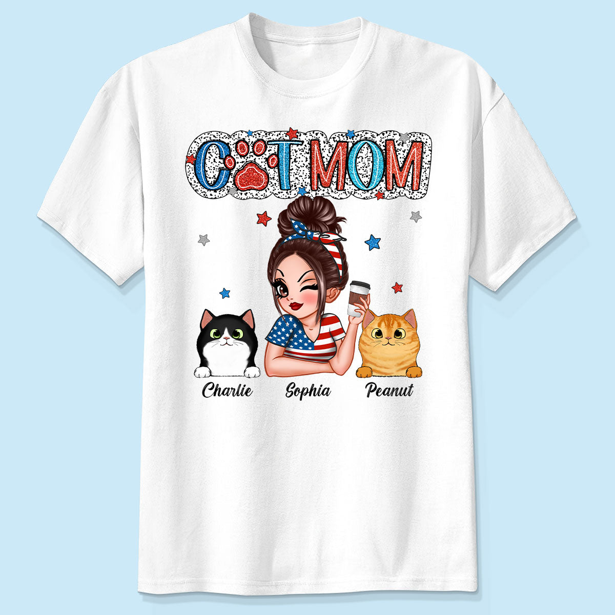 T-shirt Personnalisé Maman Chat 4 Juillet, Cadeau Pour Amoureux De Chats — Blanc