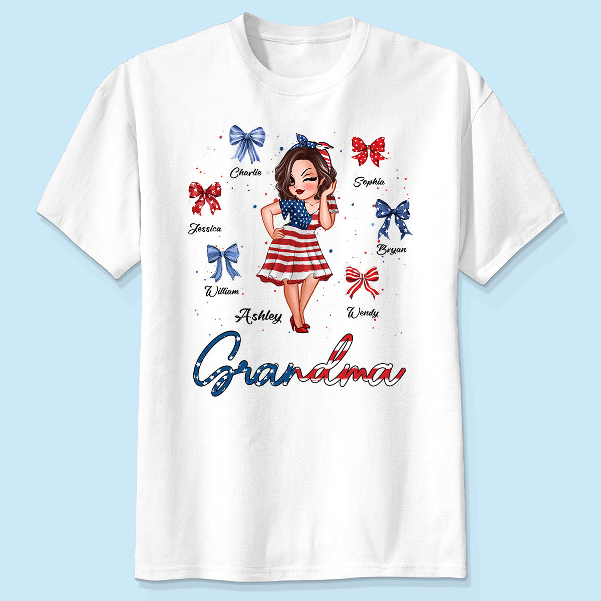 T-shirt Personnalisé Grand-Mère Américaine Maman Nœuds Enfants — Blanc