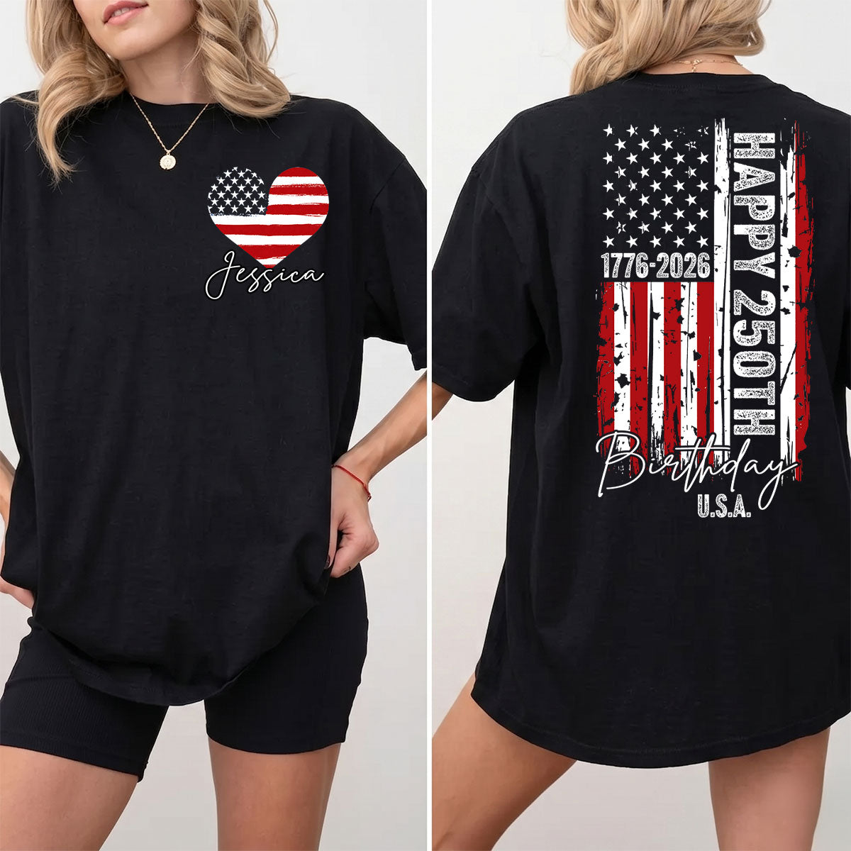 250e Anniversaire de l'Amérique Anniversaire USA 1776 - 2026 - T-shirt Personnalisé Recto Verso - T-shirt Assorti pour la Famille, T-shirt Patriotique — Noir
