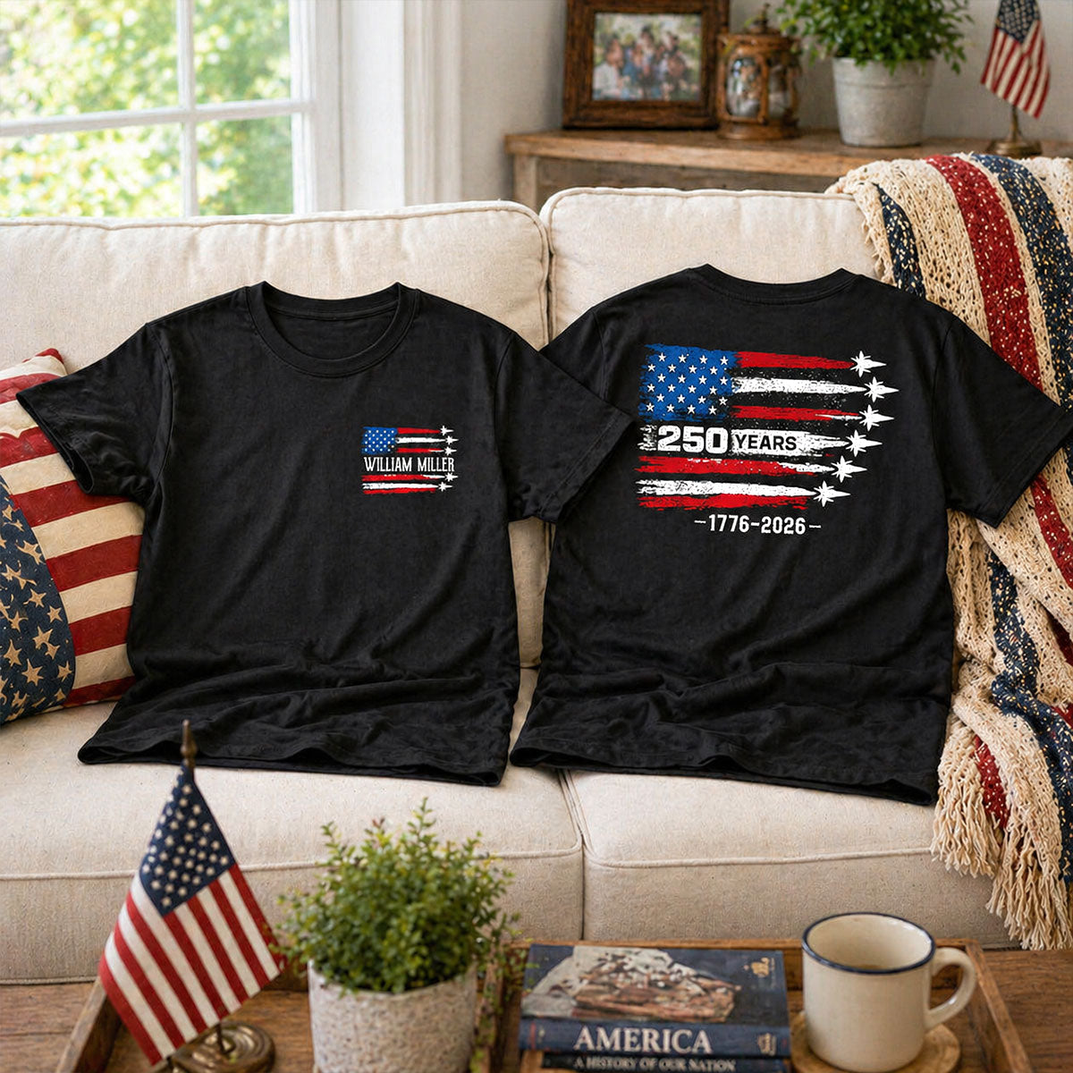 250 Ans Drapeau Américain Jets Nom Personnalisé - T-shirt Personnalisé - 250e Anniversaire des États-Unis USA Patriotique — Noir