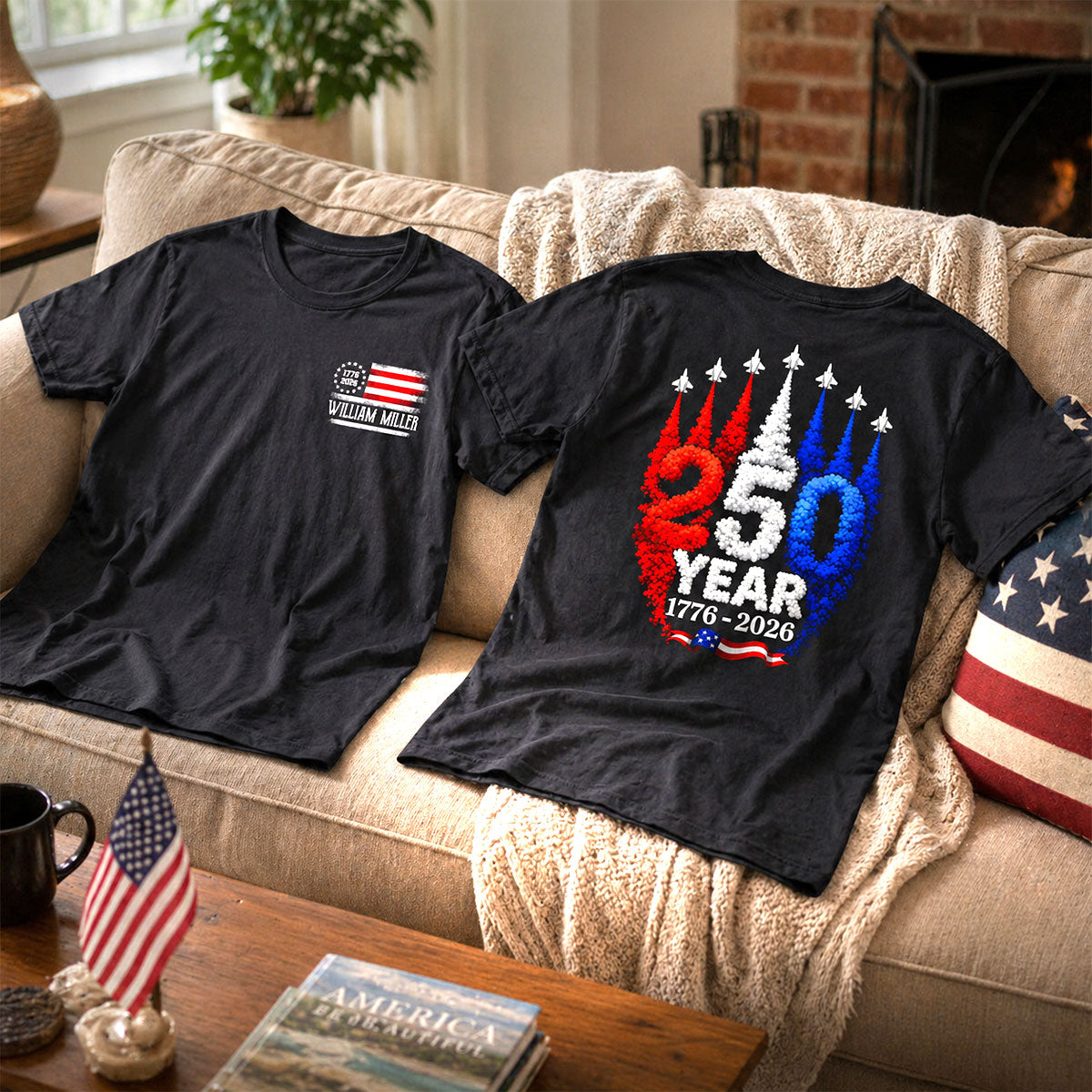 250 Ans Drapeau Américain Rouge Blanc Bleu Fumée d'Avion Nom Personnalisé - T-Shirt Personnalisé - 250e Anniversaire des États-Unis USA Patriotique — Noir