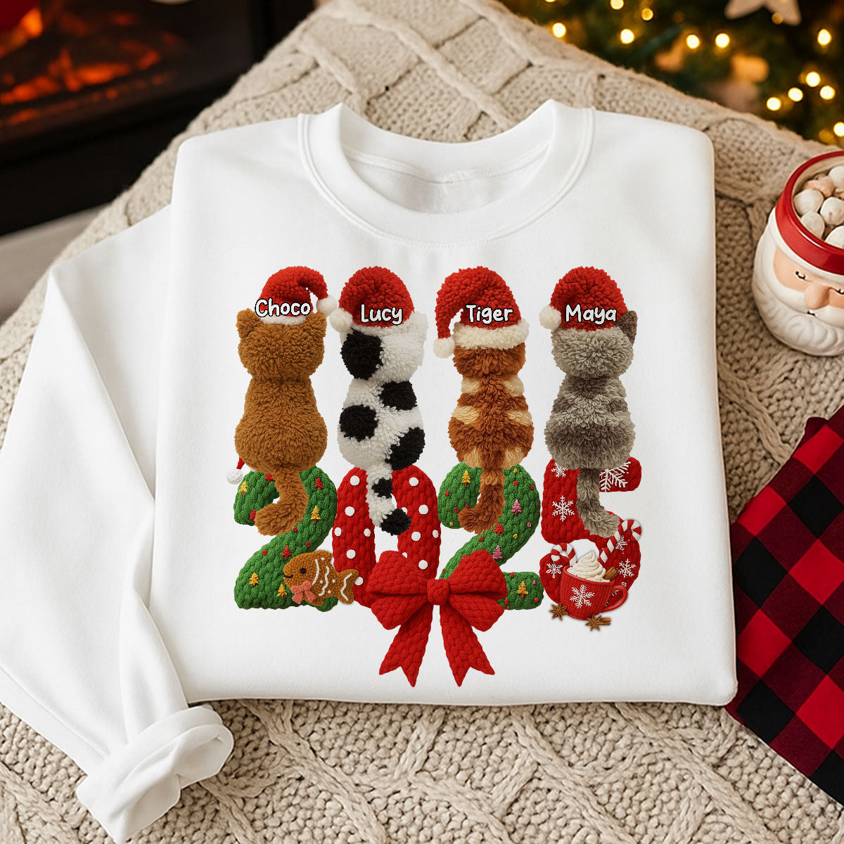 2025 Amoureux des Chats Latch Hook Yarn Faux - Sweatshirt Personnalisé - Cadeau de Noël pour Mamans de Chats, Papas de Chats — Blanc