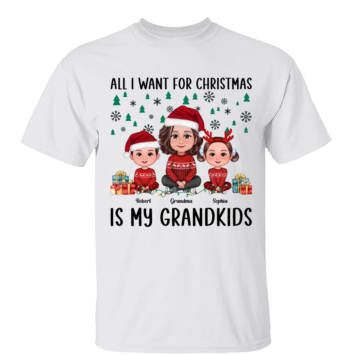 Tout Ce Que Je Veux Pour Noël Ce Sont Mes Petits-Enfants Sapin Vert Flocon De Neige T-Shirt Personnalisé — Blanc