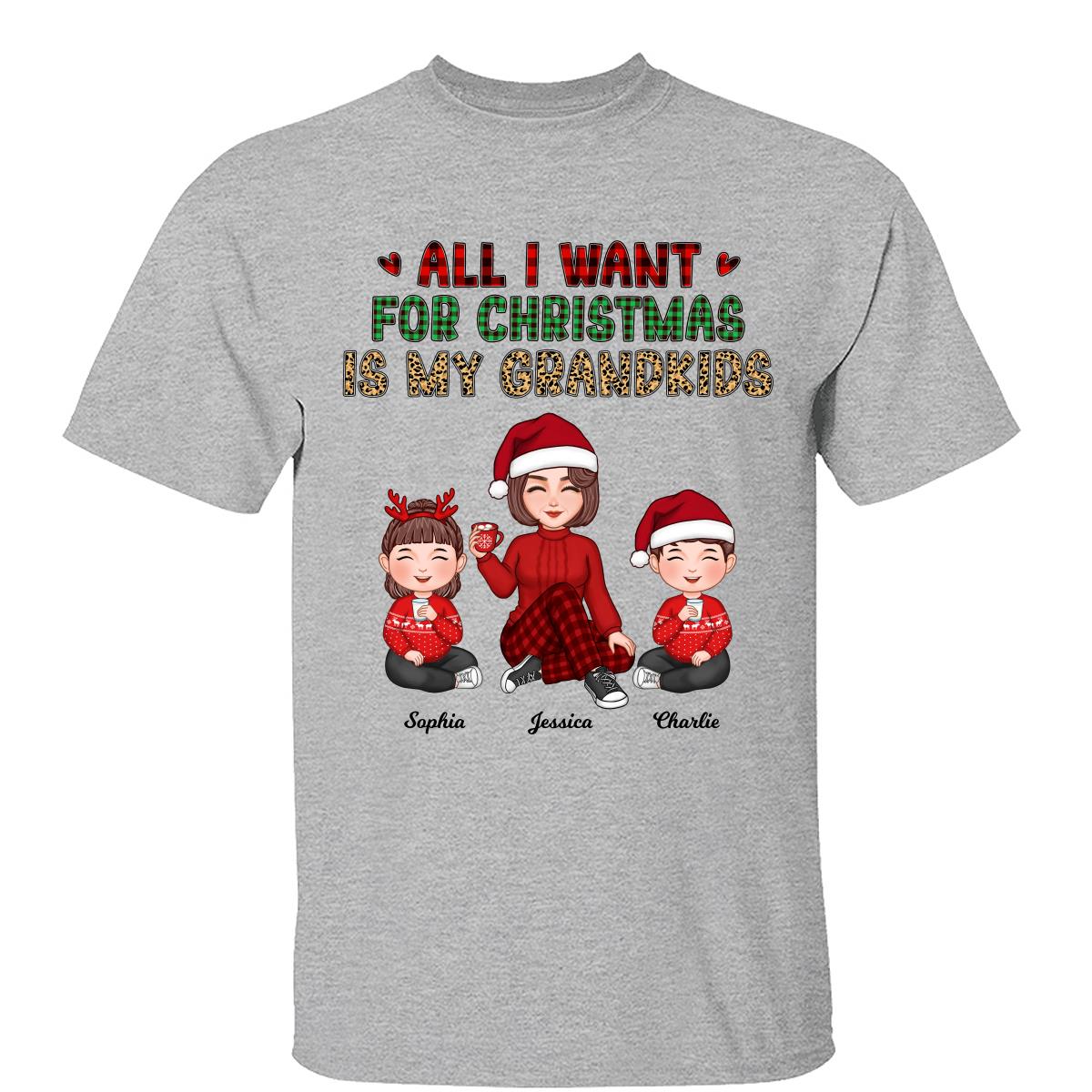 Motif Léopard à Carreaux Tout Ce Que Je Veux Pour Noël Ce Sont Mes Petits-Enfants Adorable Grand-mère & Enfants T-Shirt Personnalisé — Sport Grey