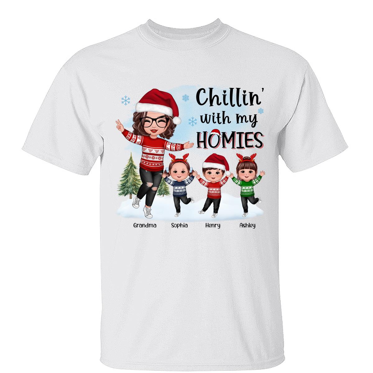 Chillin' Avec Mes Potes Joyeuse Grand-mère & Petits-enfants Jouant Dans La Neige T-shirt Personnalisé — Blanc