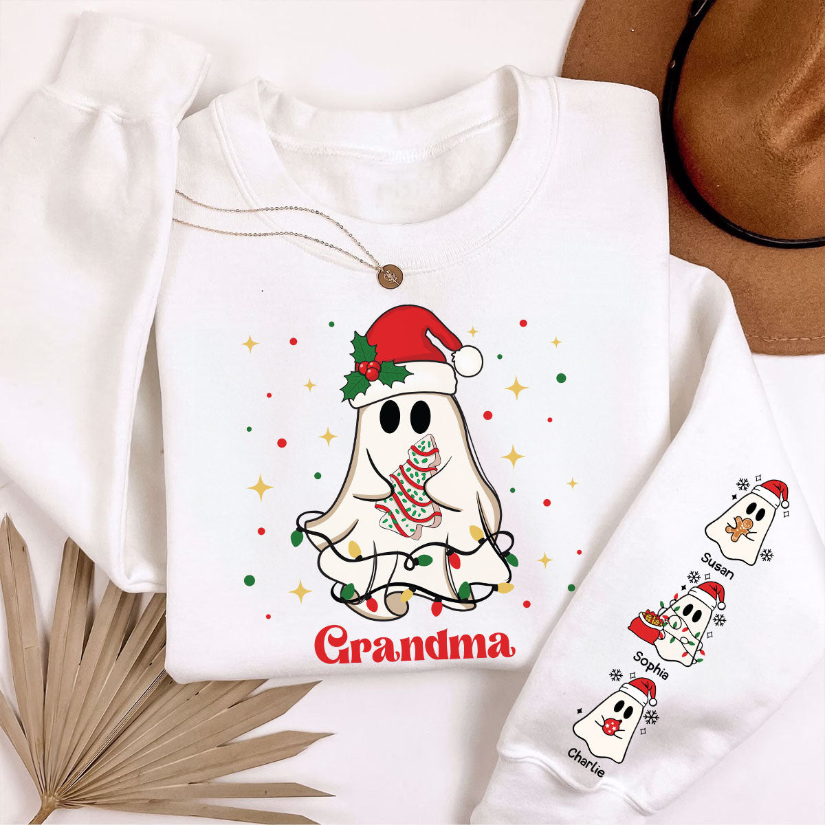 Noël Mignonne Mamie Boo Petits-enfants Sweat-shirt Personnalisé avec Impression sur Manche — Blanc