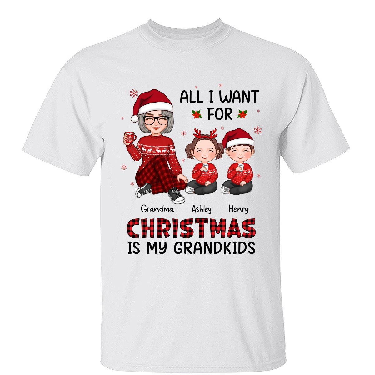 Noël Adorable Mamie Tout Ce Que Je Veux Pour Noël Ce Sont Mes Petits-Enfants T-Shirt Personnalisé — Blanc