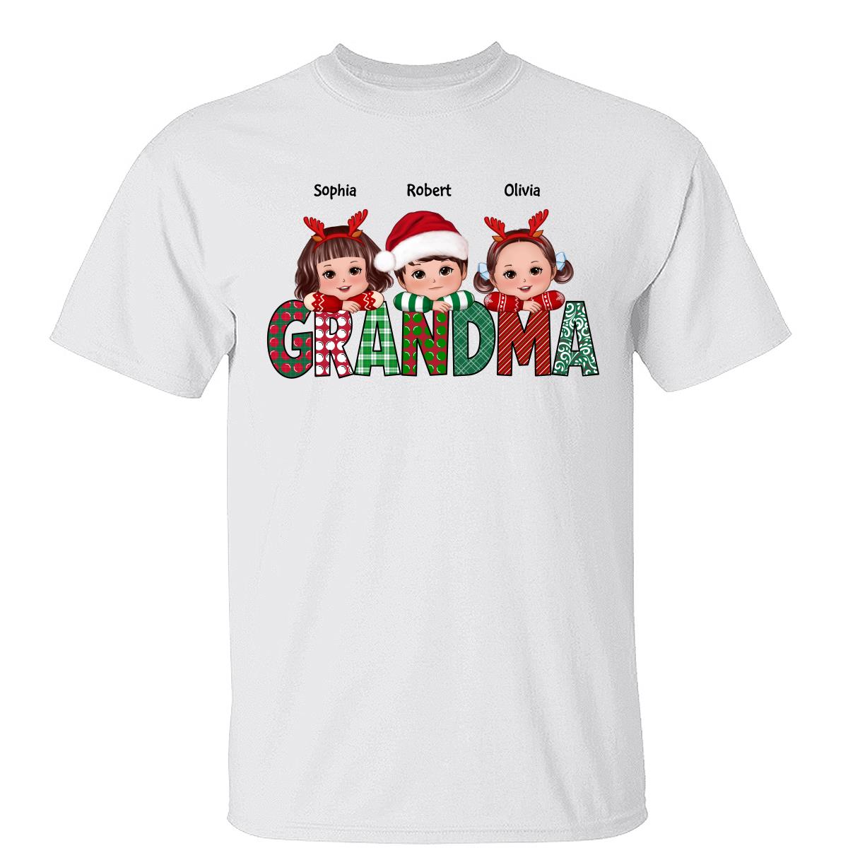 T-shirt personnalisé Motif de Noël Mamie Petits-enfants mignons posant la tête sur les bras — Blanc