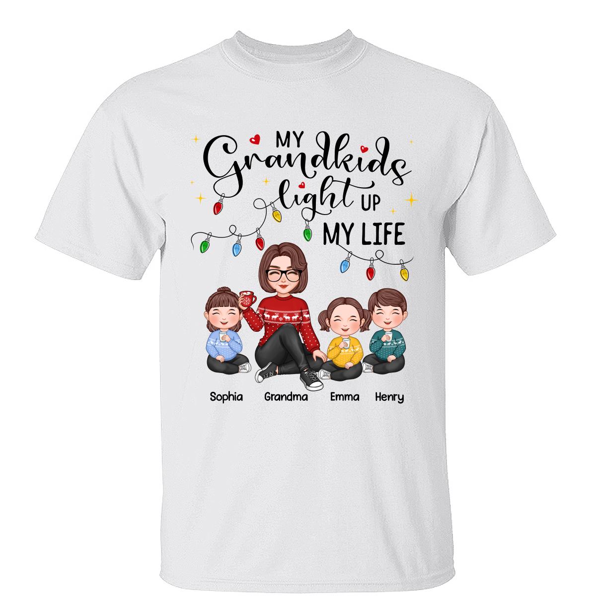 Mignonne Mamie Mes Petits-Enfants Illuminent Ma Vie Noël T-Shirt Personnalisé — Blanc