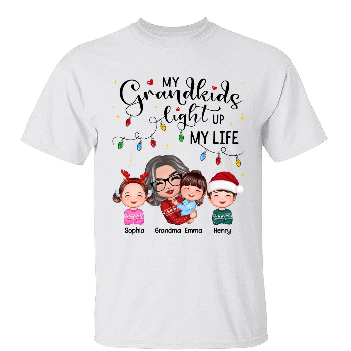 Poupée Grand-mère serrant un enfant Mes petits-enfants illuminent ma vie Noël Chemise personnalisée — Blanc