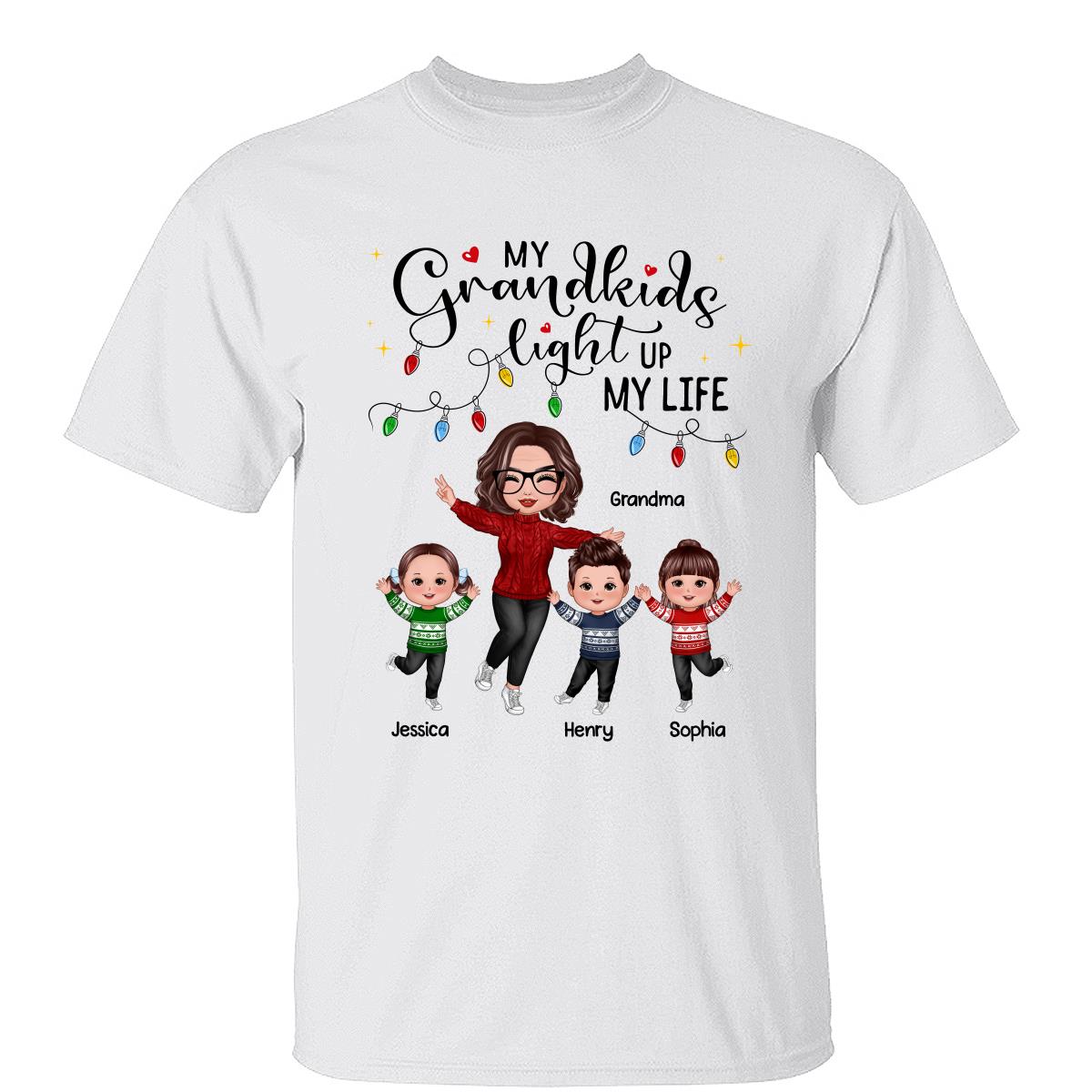 Happy Doll Grand-mère et Enfants Mes Petits-Enfants Illuminent Ma Vie Noël T-shirt Personnalisé — Blanc
