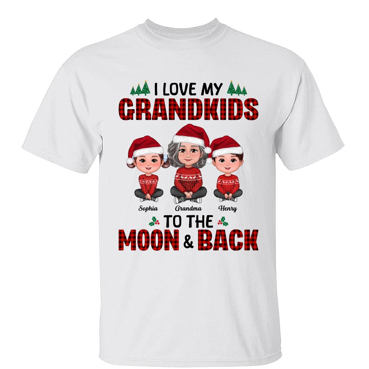 J'aime Mes Petits-Enfants Jusqu'à La Lune Et Retour Poupée Mamie Et Enfants Assis Jambes Croisées Noël T-shirt Personnalisé — Blanc