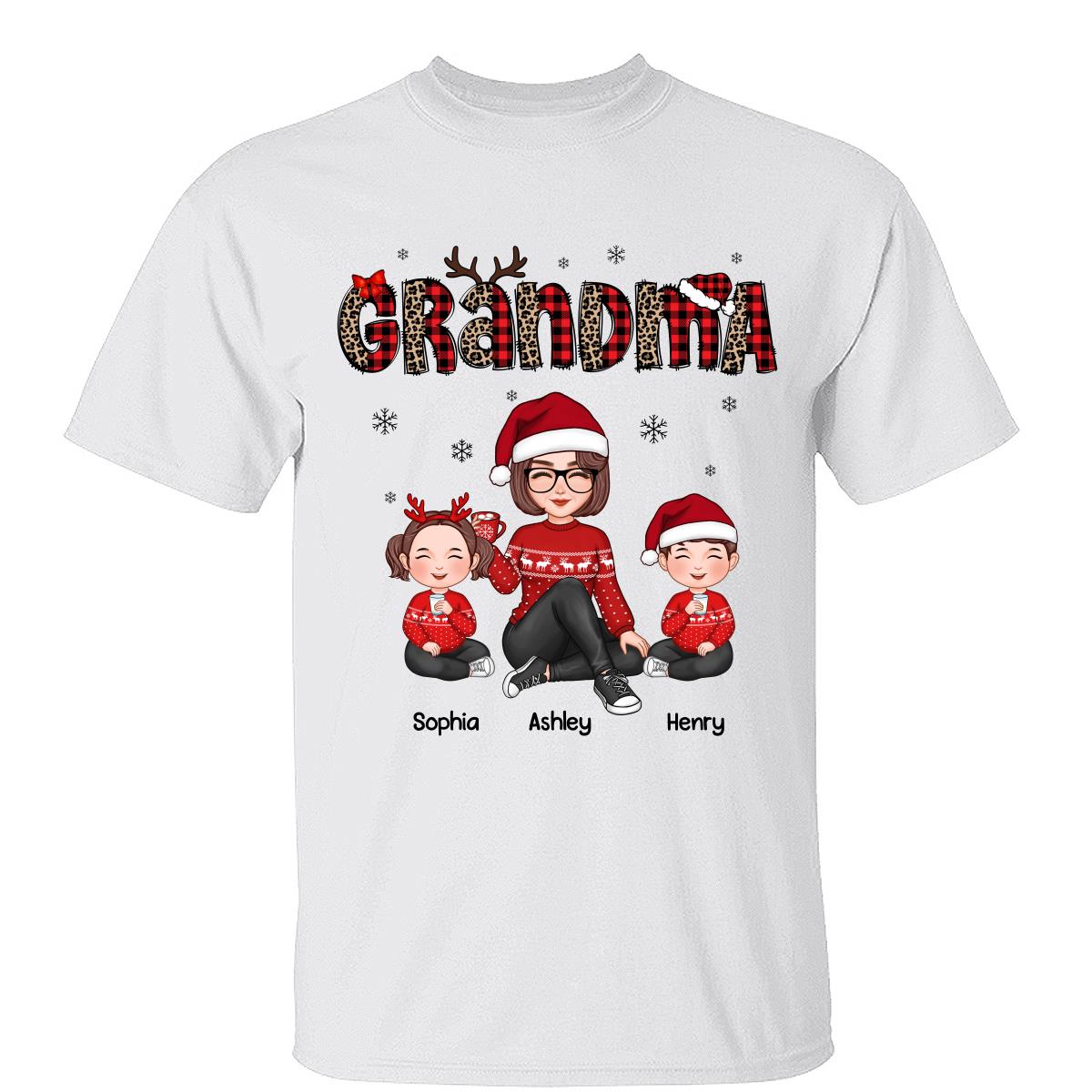 Léopard & Écossais à carreaux Motif de Noël Mamie & Petits-enfants T-shirt personnalisé — Blanc
