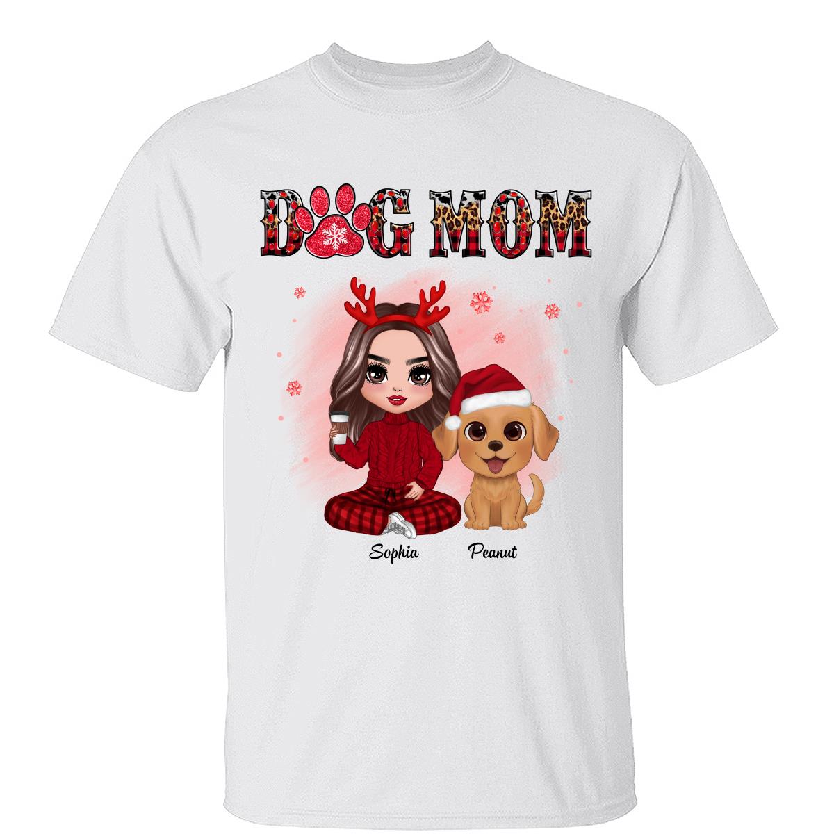 Léopard Et Motif À Carreaux Poupée De Noël Maman Chien Aquarelle Chiens Mignons T-shirt Personnalisé — Blanc