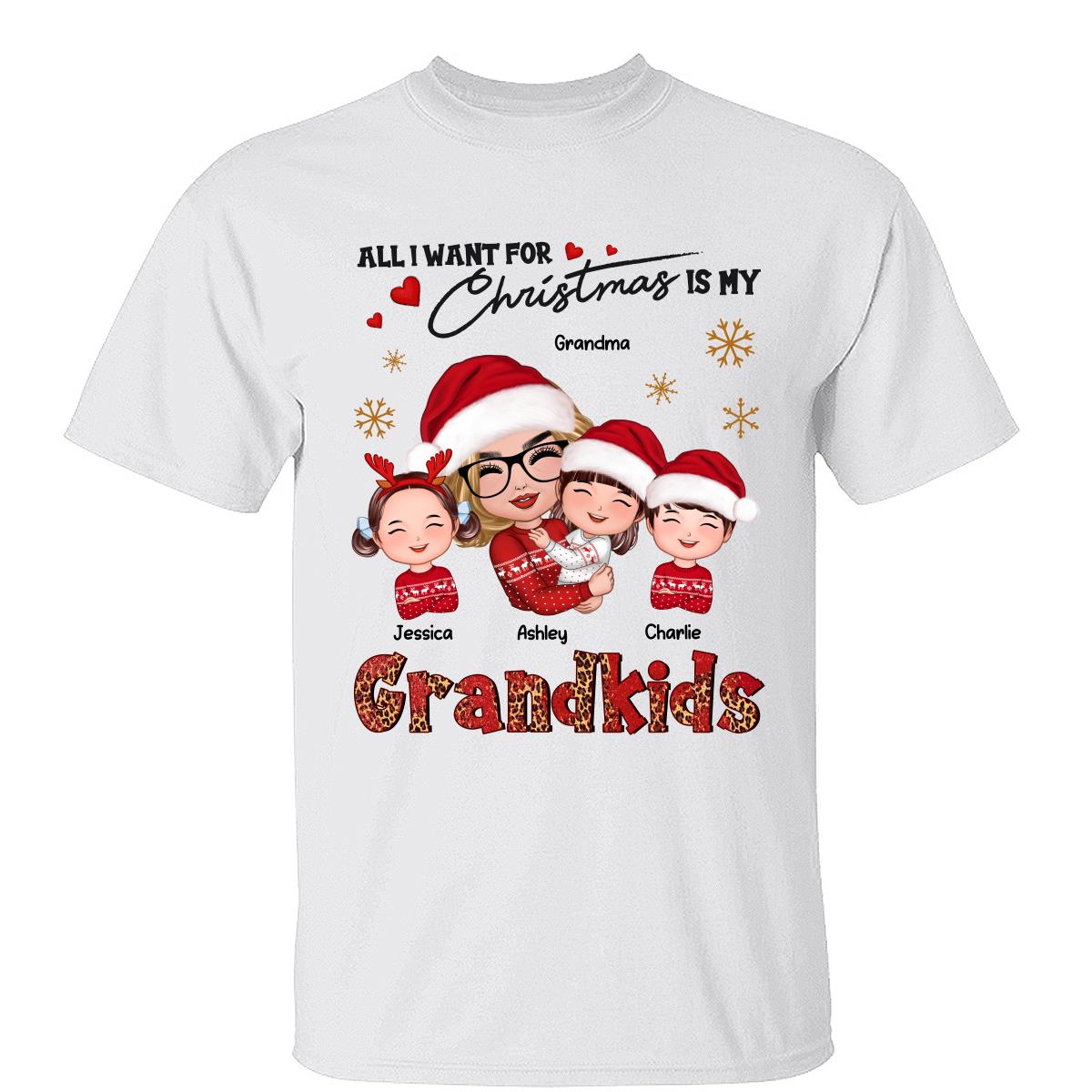 Léopard Poupée de Noël Grand-mère Embrassant Enfant Tout Ce Que Je Veux Pour Noël Ce Sont Mes Petits-Enfants T-Shirt Personnalisé — Blanc