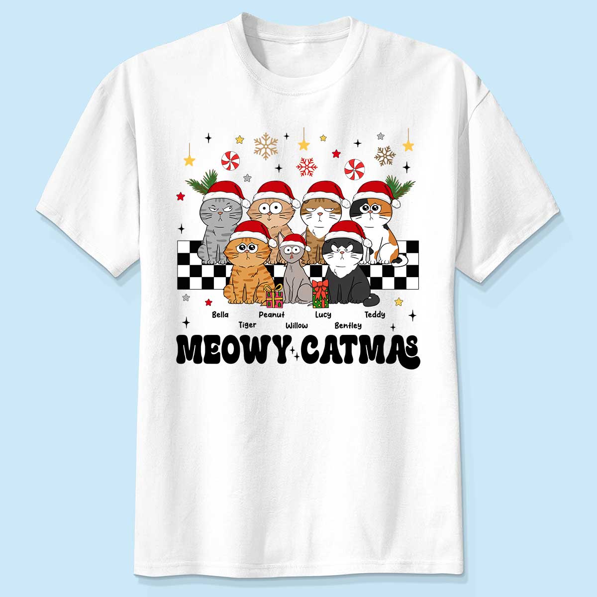 Meowy Catmas Maman Chat Style Vintage T-shirt de Noël Personnalisé — Blanc