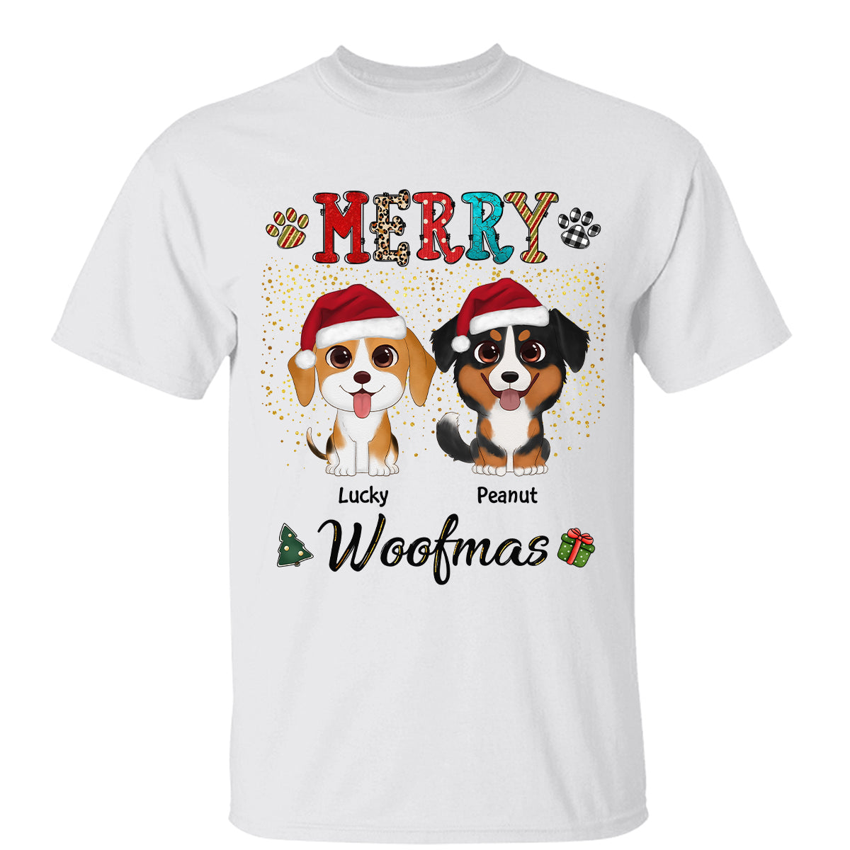 Merry Woofmas Motif de Noël coloré T-shirt personnalisé — Blanc