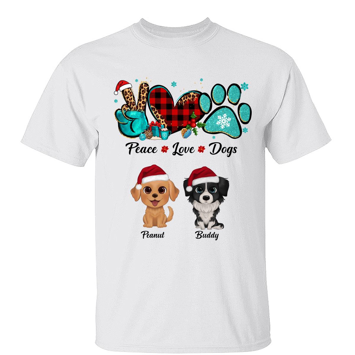 Paix Amour Chiens Aquarelle Chiens Mignons Motif de Noël T-shirt Personnalisé — Blanc