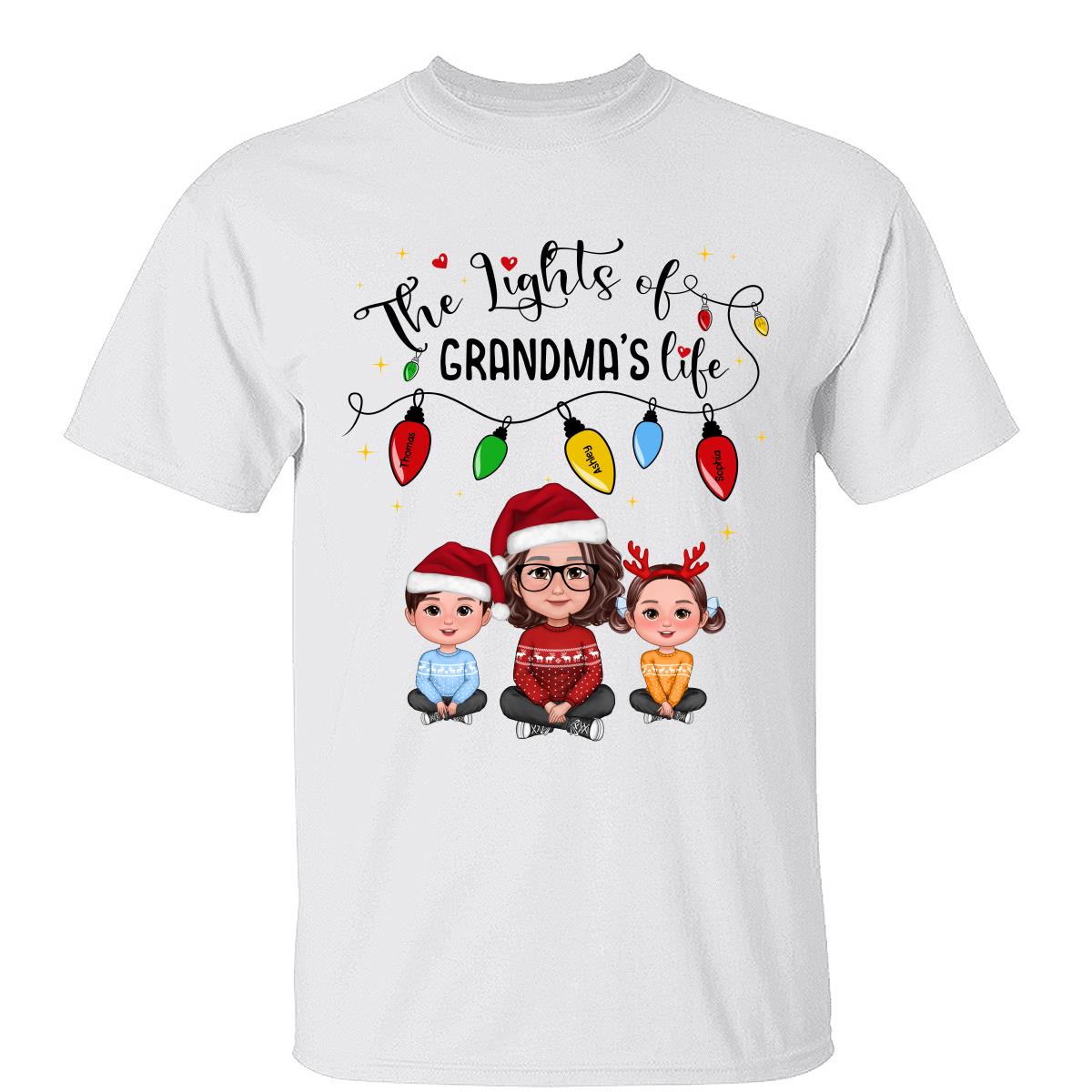 La Lumière De La Vie De Mamie Mamie Petits-Enfants Noël T-Shirt Personnalisé — Blanc