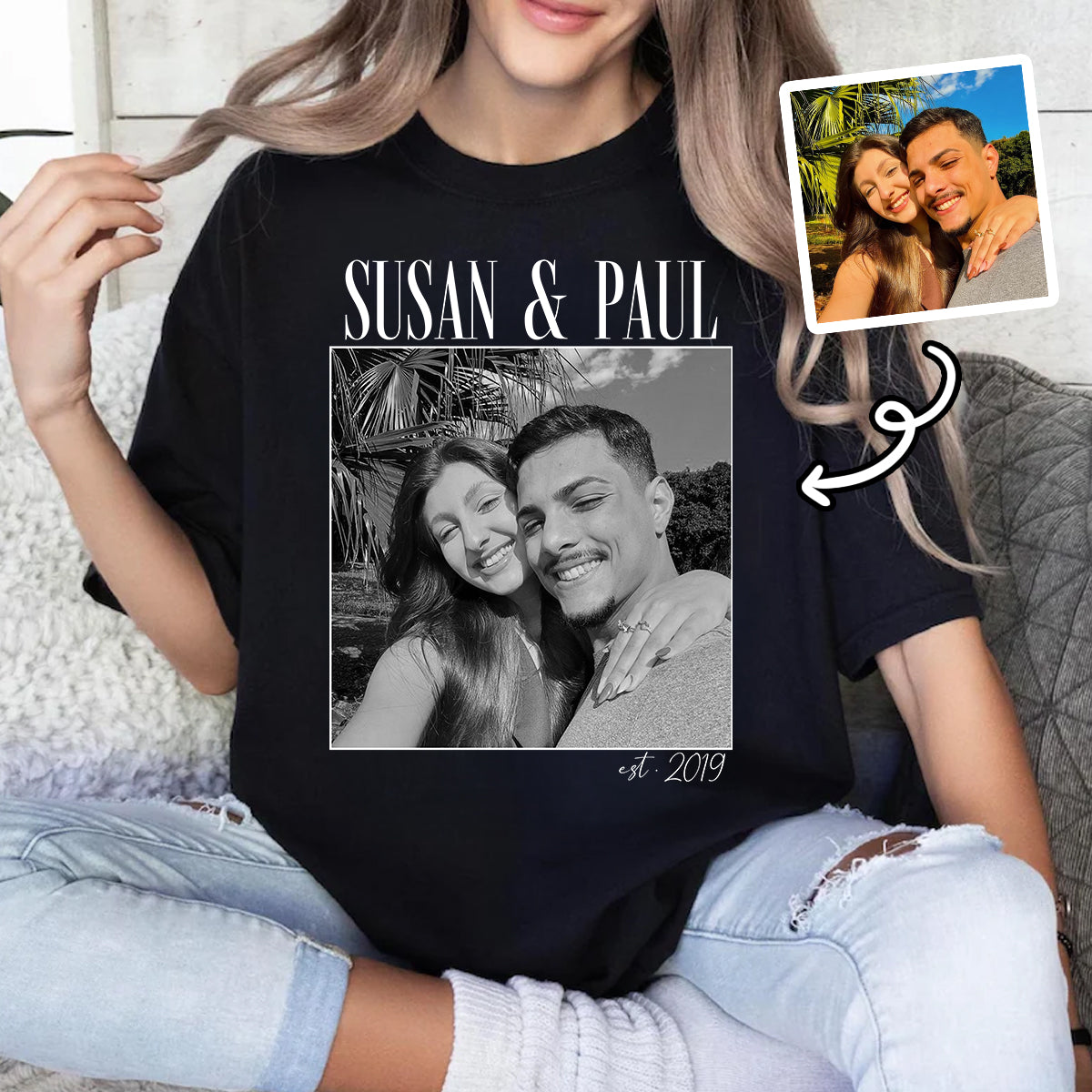 Photo de Fiançailles de Couple Personnalisée - T-shirt Personnalisé, - T-shirt Photo de Couple Rétro, Cadeau d'Anniversaire de Mariage, Cadeau pour Couple — Noir