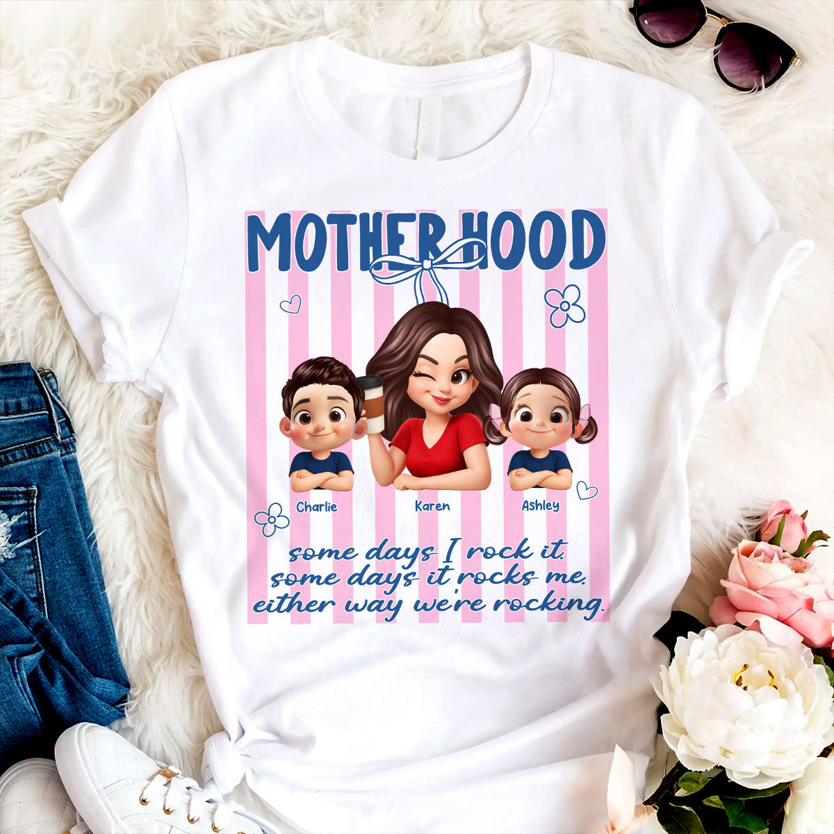 Rockin' the Motherhood - T-shirt personnalisé - Cadeau de la Fête des mères pour maman, épouse — Blanc