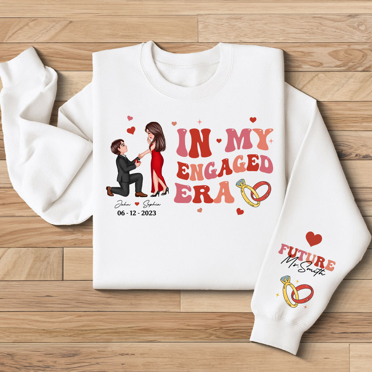 Dans Mon Ère de Fiancée Couple Demande en Mariage Sweat à Manches Imprimées Personnalisé, Cadeau, Cadeau de Fiançailles Pour Elle, Cadeau Pour La Future Mariée — Blanc