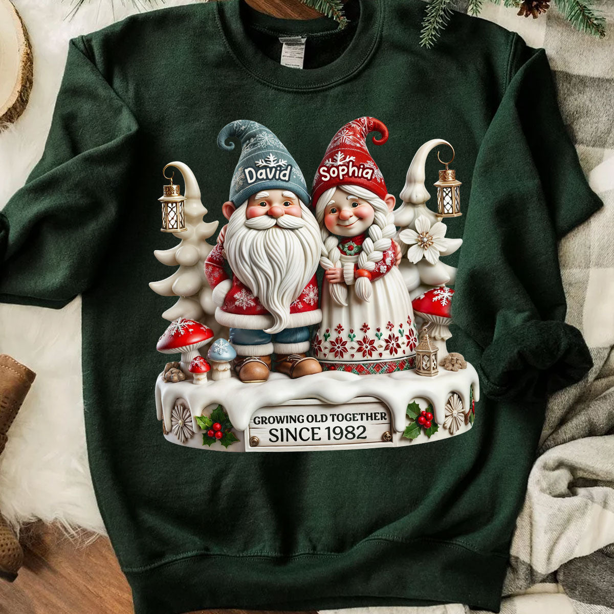 Effet 3D Couple de Gnomes Ensemble Noël T-shirt Personnalisé, Cadeau Touchant Pour Couple, Pour Lui, Pour Elle, Mari, Femme — Blanc