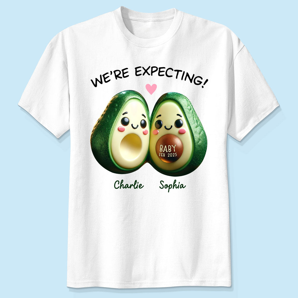 Avocado Couple Futurs Parents Annonce de Grossesse Souvenir T-Shirt Personnalisé — Blanc