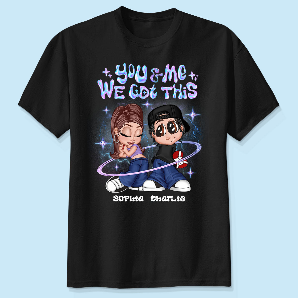 T-shirt Personnalisé Couple Y2K Motif Holographique, Cadeau Pour Lui Cadeau Pour Elle — Noir