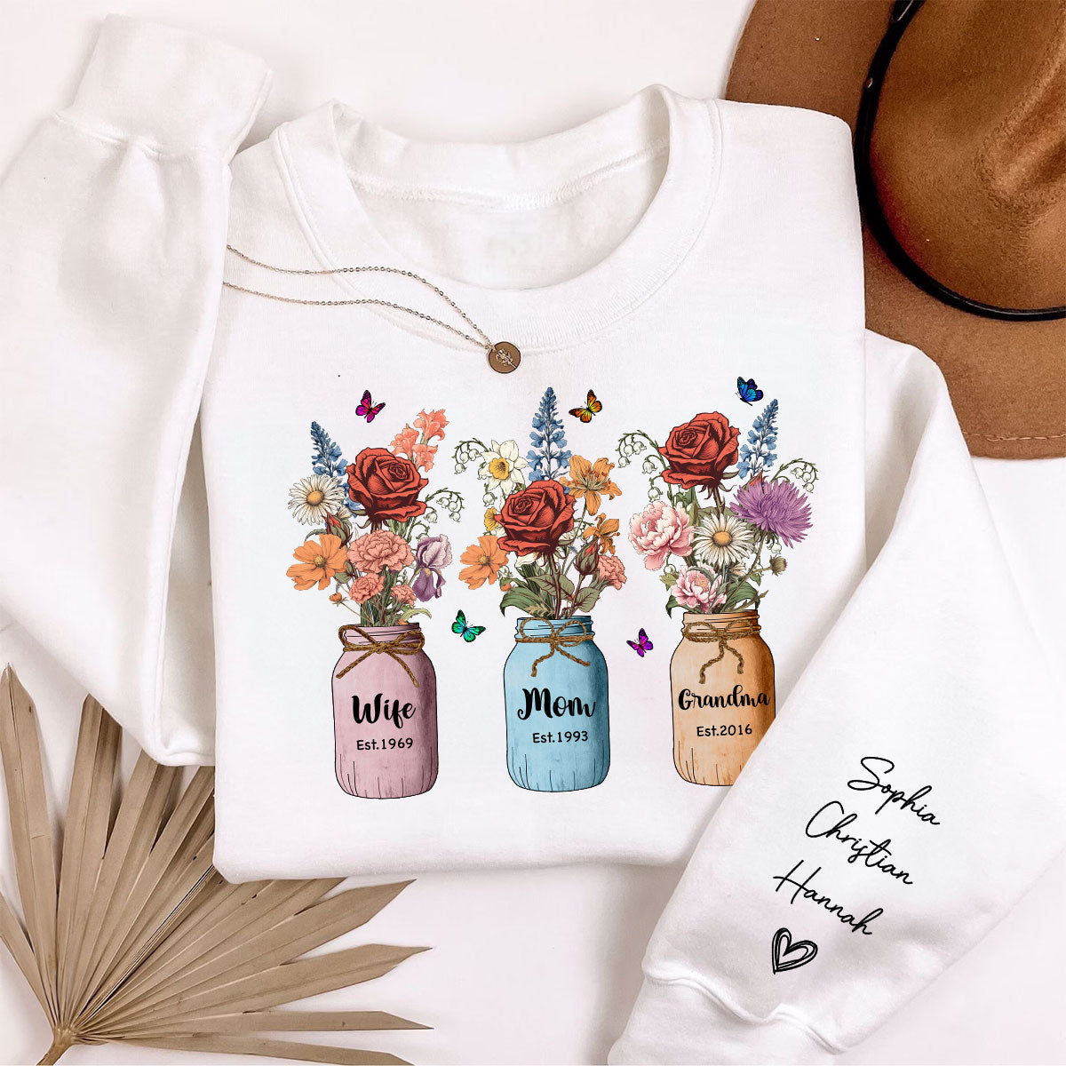 Femme Maman Grand-mère Vintage Fleurs du Mois de Naissance Sweat-shirt Personnalisé à Manches Imprimées — Blanc