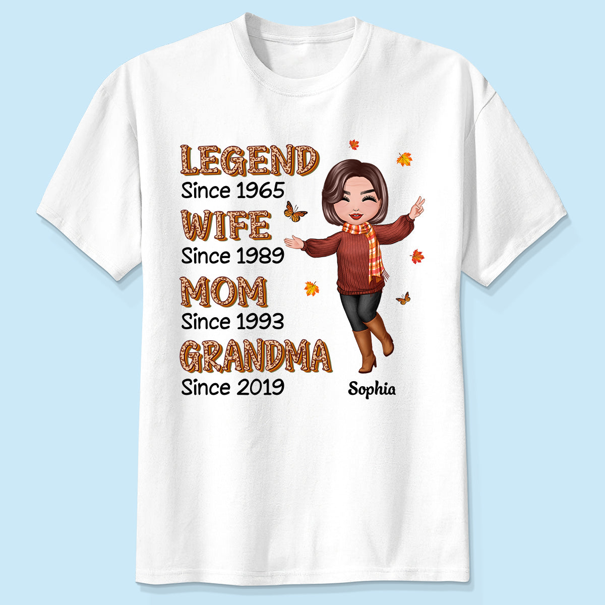 Automne Mi-Léopard Poupée Joyeuse Femme Légende Épouse Maman Mamie T-Shirt Personnalisé — Blanc