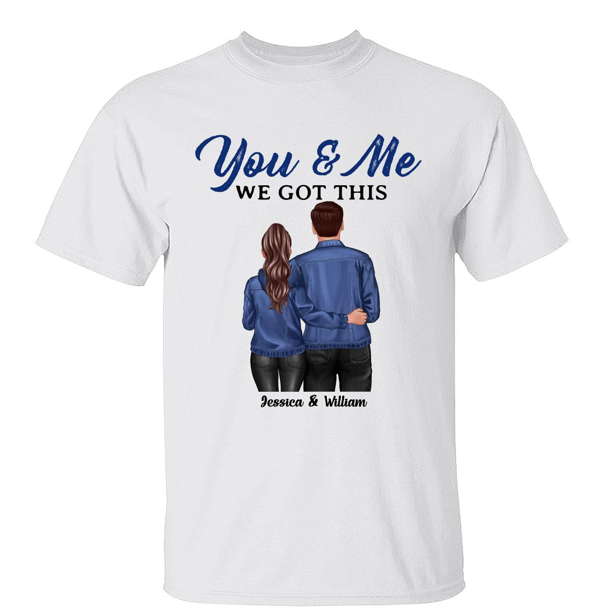 T-shirt personnalisé couple de dos enlacé en jean — Blanc