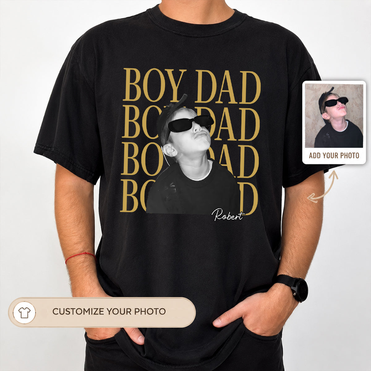 Photo rétro personnalisée Papa de Fille Papa de Fils - T-shirt personnalisé - Cadeau Fête des Pères pour Papa, Mari — Noir