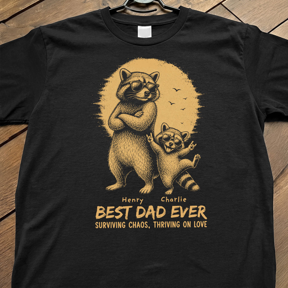 Retro Jaune Vintage Papa Raton Laveur Meilleur Papa du Monde - T-shirt Personnalisé - Cadeau Amusant Fête des Pères Pour Papa, Mari — Noir