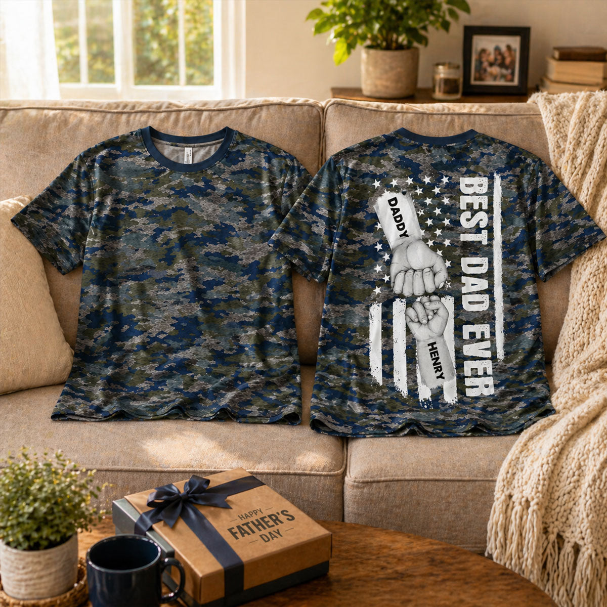 Meilleur Papa Coup de Poing Drapeau National Motif Camo - T-Shirt Personnalisé - Cadeau Fête des Pères Pour Mari, Papa, Grand-père — Bleu Ciel