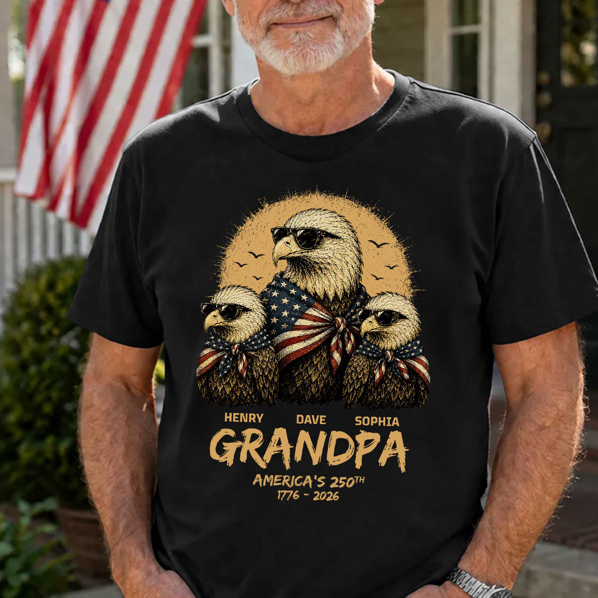 Jaune Rétro Vintage Papa Grand-Père Aigle Amérique 250e Anniversaire - T-Shirt Personnalisé - Cadeau Fête des Pères Pour Papa, Grand-Père, Mari — Noir