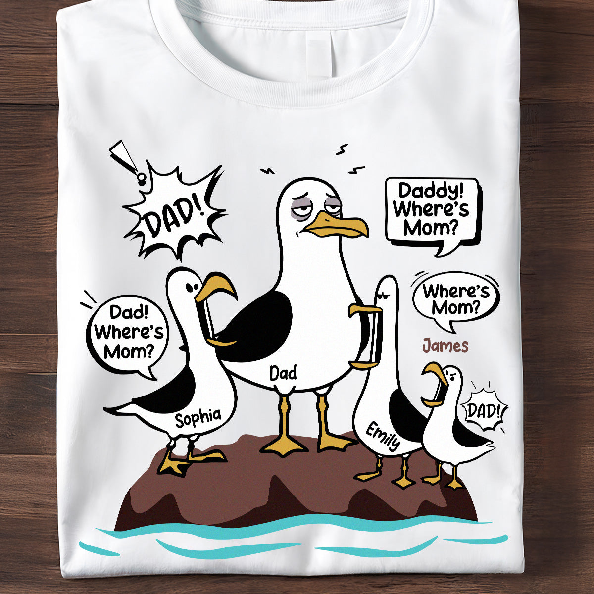 Où est Maman Mouettes Drôles & Papa Fatigué - T-shirt Personnalisé - Cadeau Drôle Pour La Fête Des Pères Pour Papa, Mari — Blanc