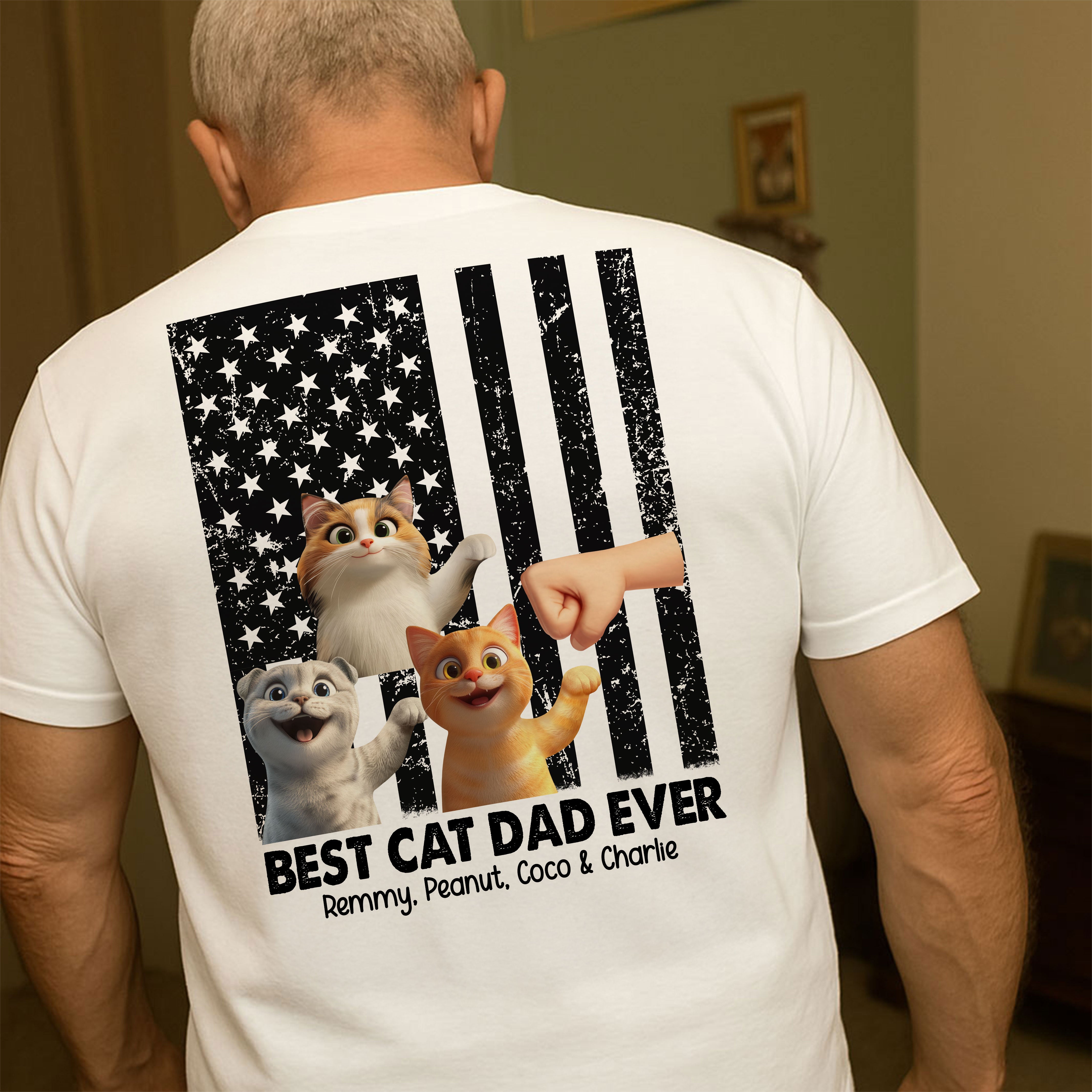 Meilleur Papa de Chats Drapeau National Mignon Chat Cartoon T-Shirt Personnalisé, Cadeau Fête des Pères pour Papas de Chats, Cadeau pour Mari — Blanc