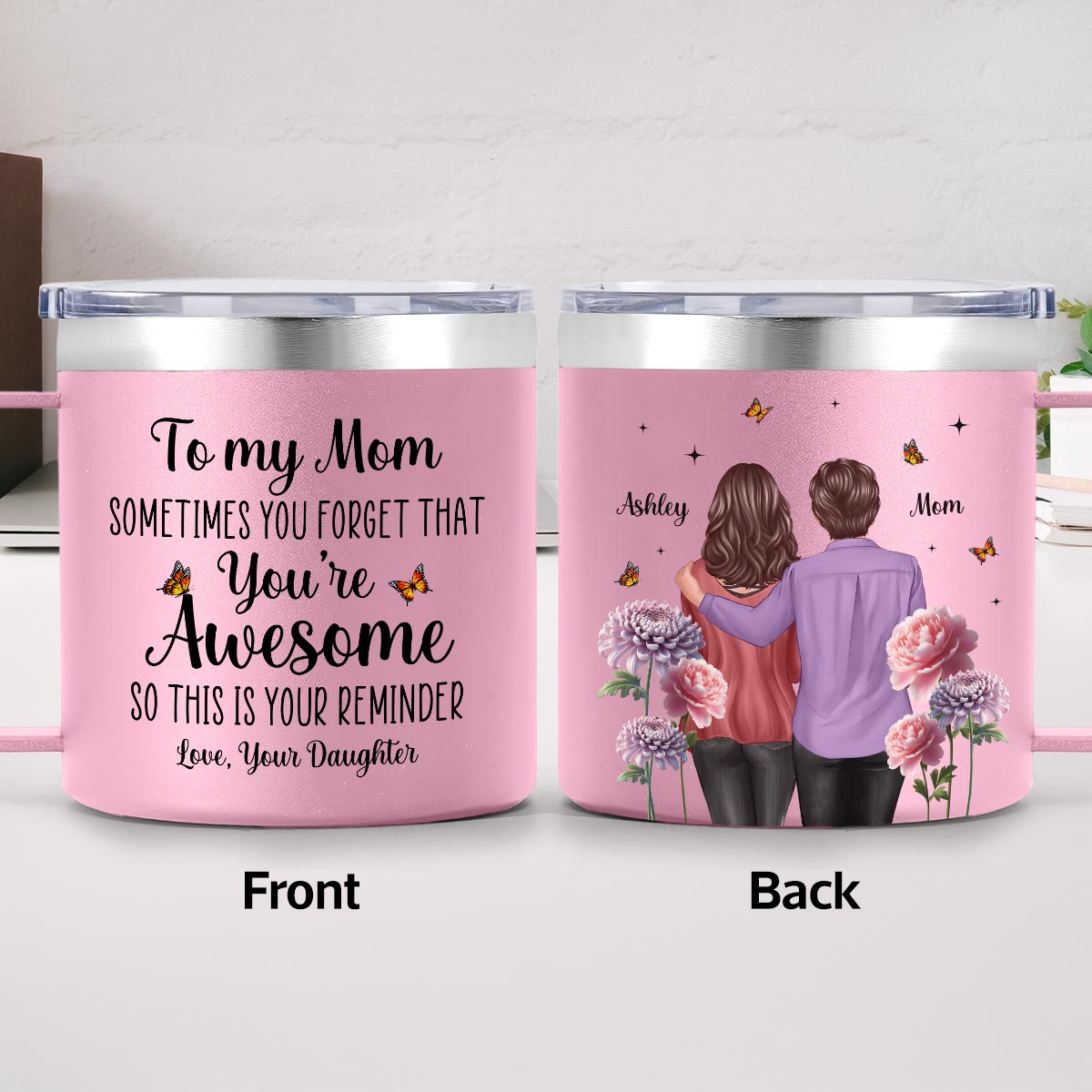 À Ma Maman Tu Es Géniale Fleur De Naissance - Gourde Isotherme En Acier Inoxydable Personnalisée Avec Anse - Cadeau De La Fête Des Mères Pour Maman De Sa Fille — Rose Clair