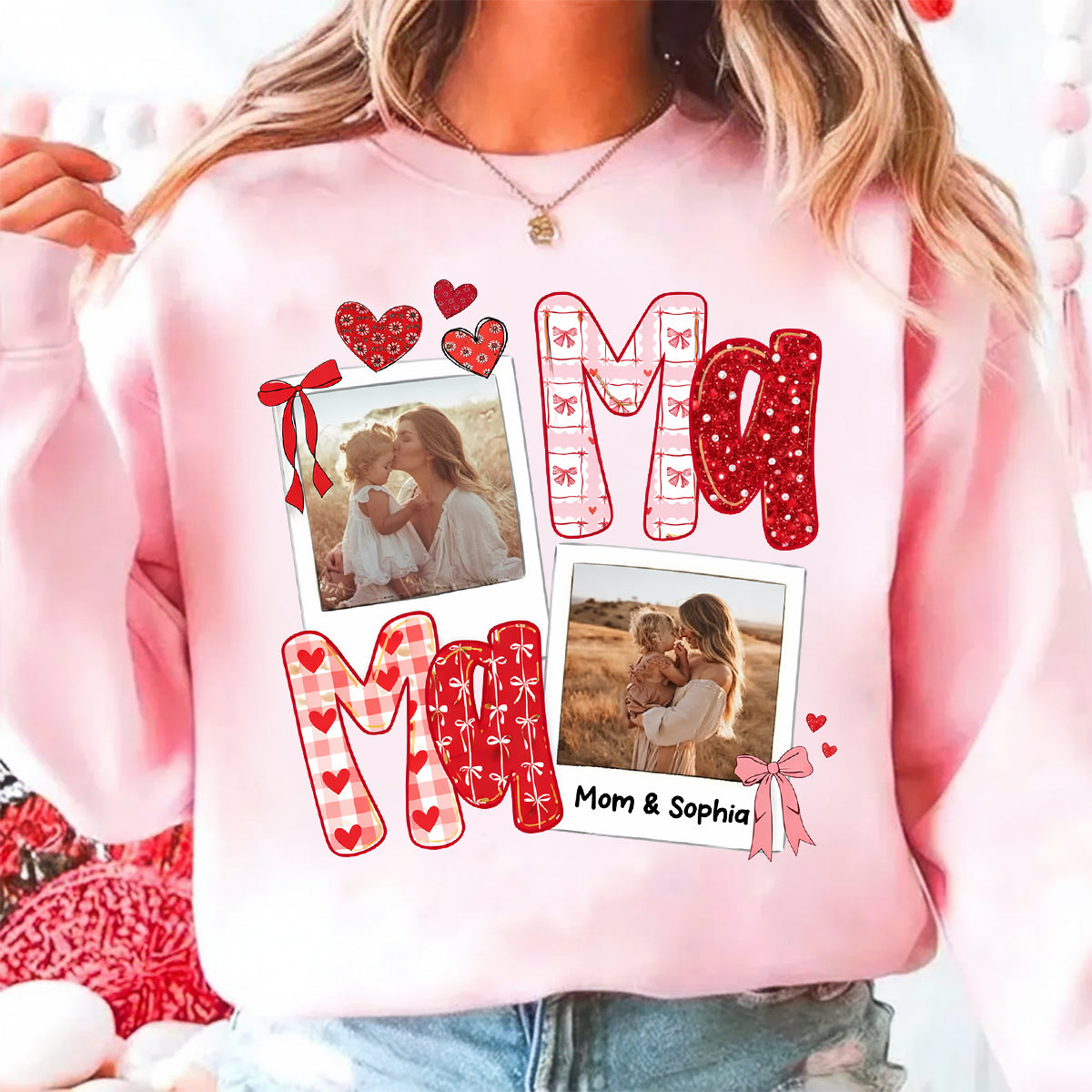 Preppy Mama Photo Effet Paillettes Saint-Valentin - T-shirt Personnalisé - Cadeau Touchant pour Maman — Rose Clair