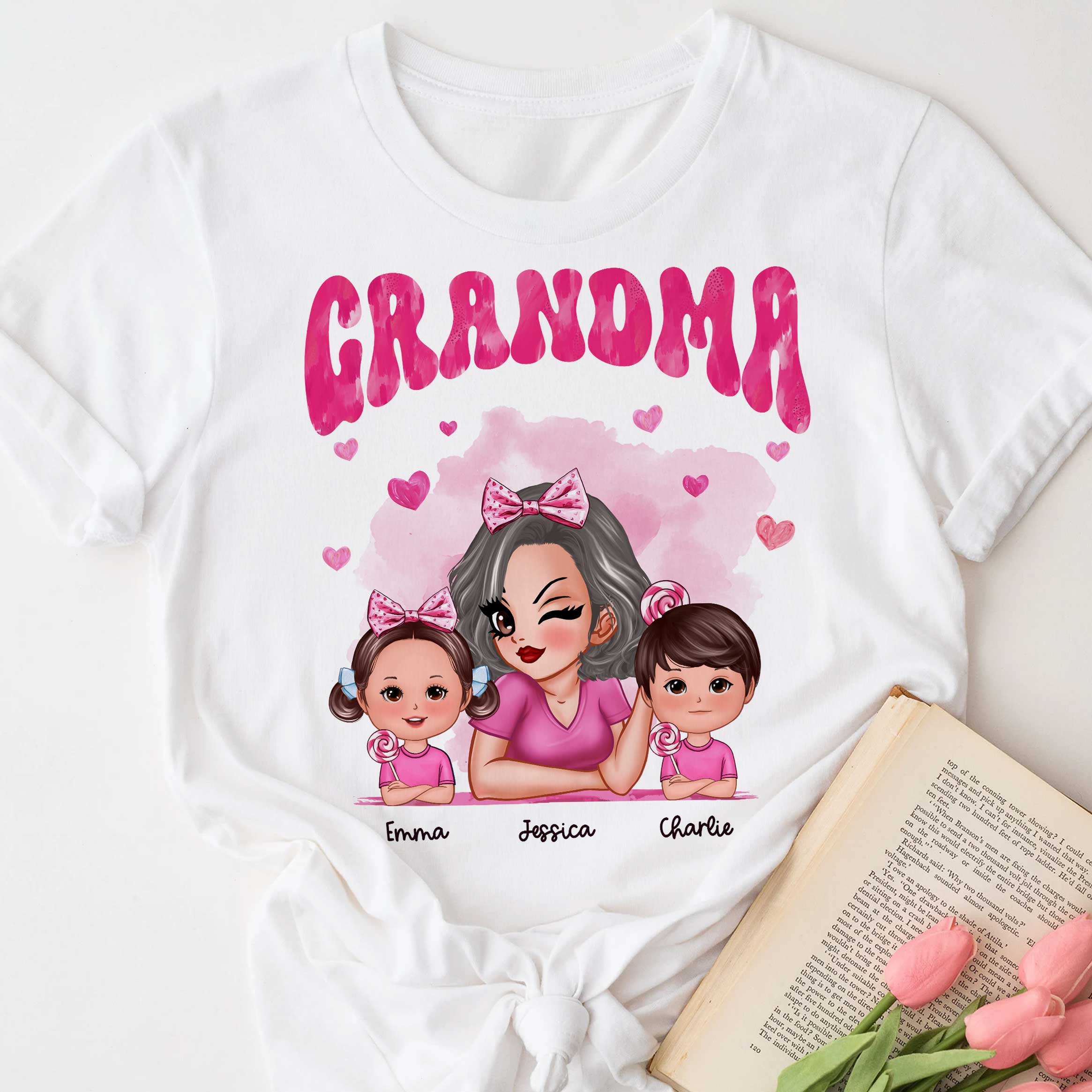 T-shirt Personnalisé Rose Saint-Valentin Mamie Et Petits-Enfants, Cadeau Pour Mamie — Blanc