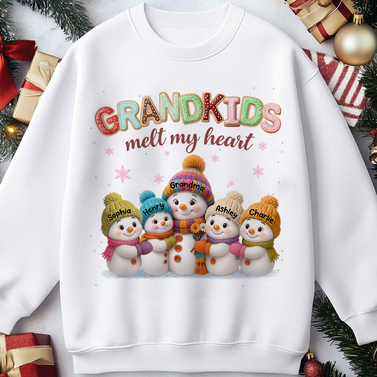 Bonhomme de neige de Noël touchant Grand-mère Petits-enfants Font fondre mon cœur - Sweat-shirt personnalisé — Blanc