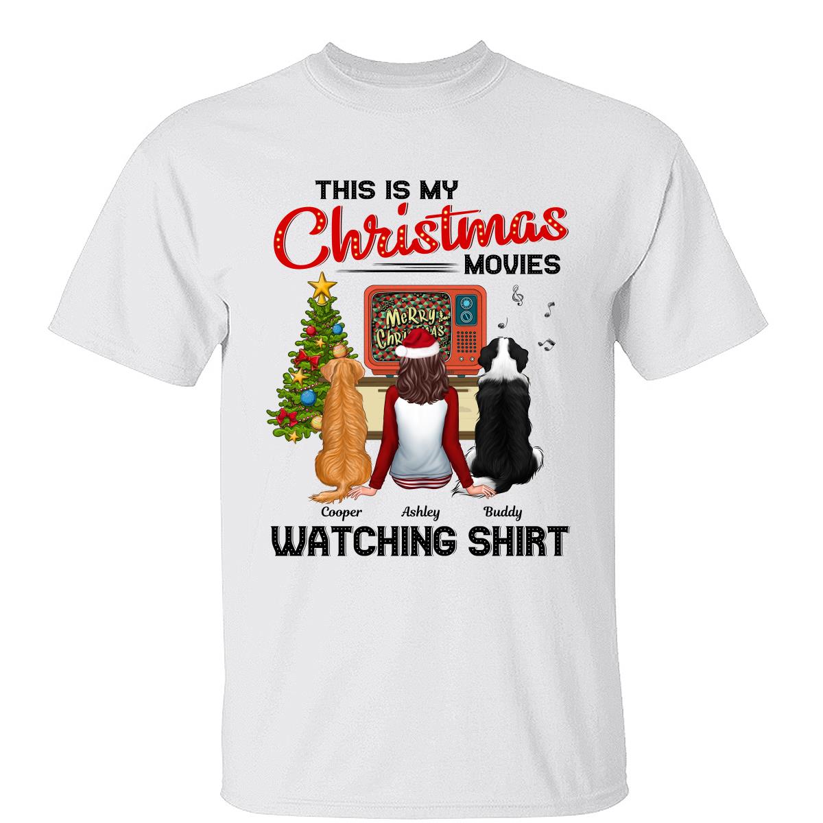 T-Shirt Regarder Des Films De Noël Homme Femme En Pyjama Avec Chien Chat T-Shirt Personnalisé — Blanc